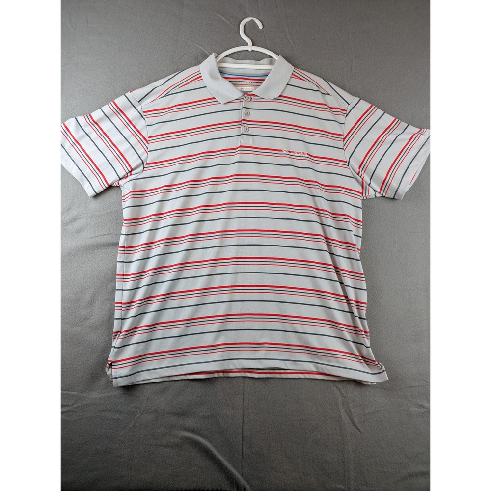 Columbia Mens Omni-Shade Striped Polo Shirt Gray Red Blue XL Short Sleeve